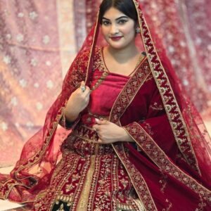 Heavy Gold Embroidered Maroon Velvet Anarkali Bridal Lehenga
