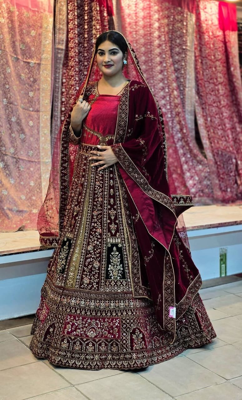 Luxury Maroon Bridal Lehenga with Heavy Golden Embroidery | Traditional Wedding Wear