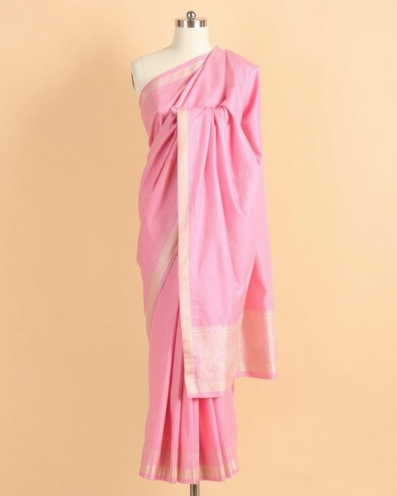Baby Pink Georgette Saree with Silver Zari Border