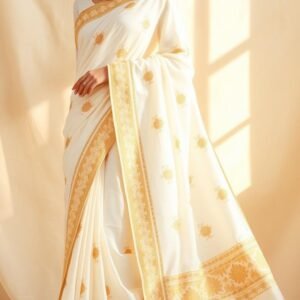 Elegant White Saree with Golden Zari Border | Premium Traditional Ethnic Wear