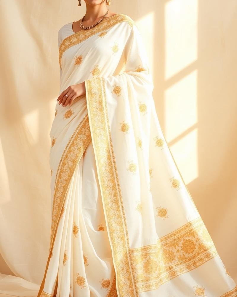 Elegant White Saree with Golden Zari Border | Premium Traditional Ethnic Wear
